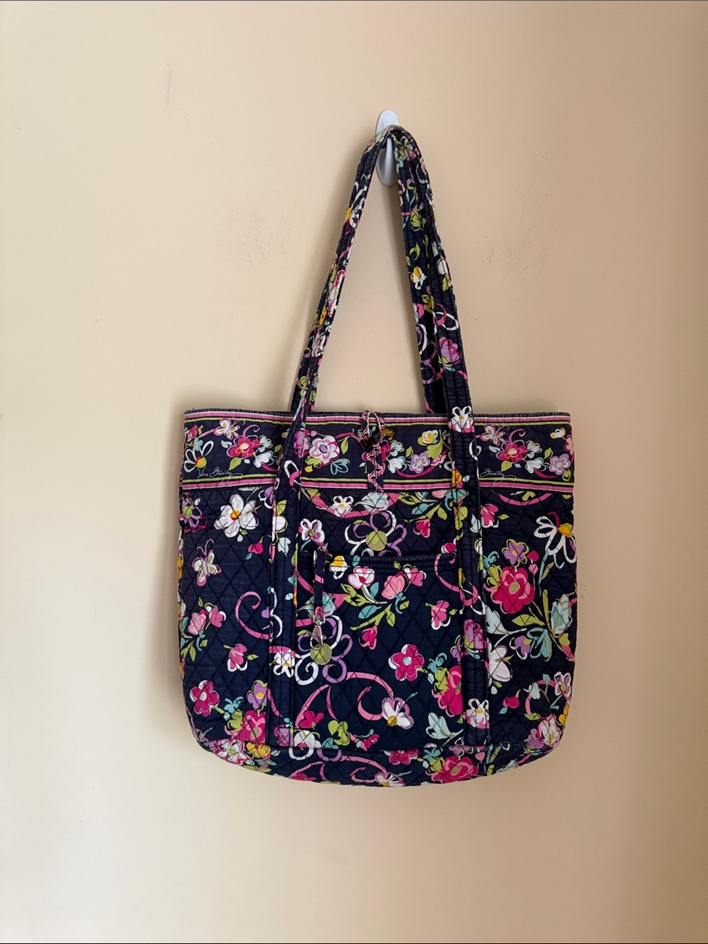Vera Bradley Floral Quilted Navy Tote Bag - Pink & Green Pattern
